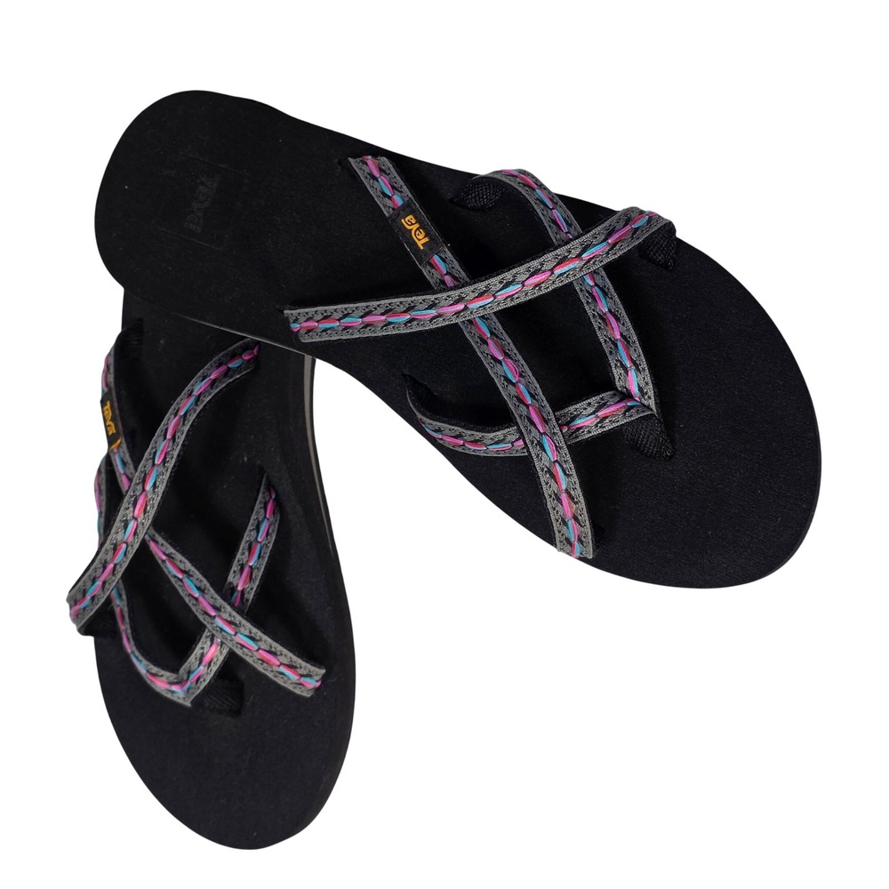 Teva Olowahu Sandals Womens 9 Black Strappy Flip Flops Mush Sole 6840 Pink Blue
